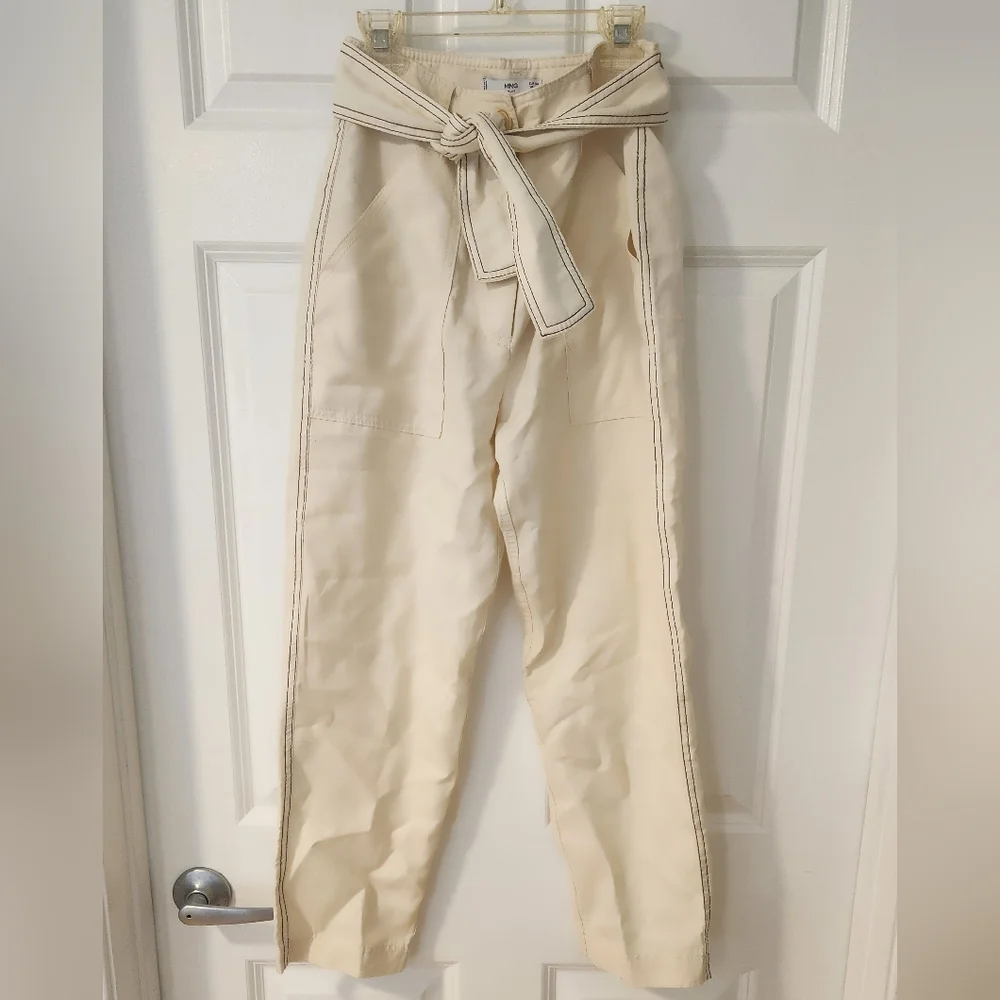 Mango Suit High-Waisted Cream Linen Blend Tie-Belt Pants with Contrast Stitching
